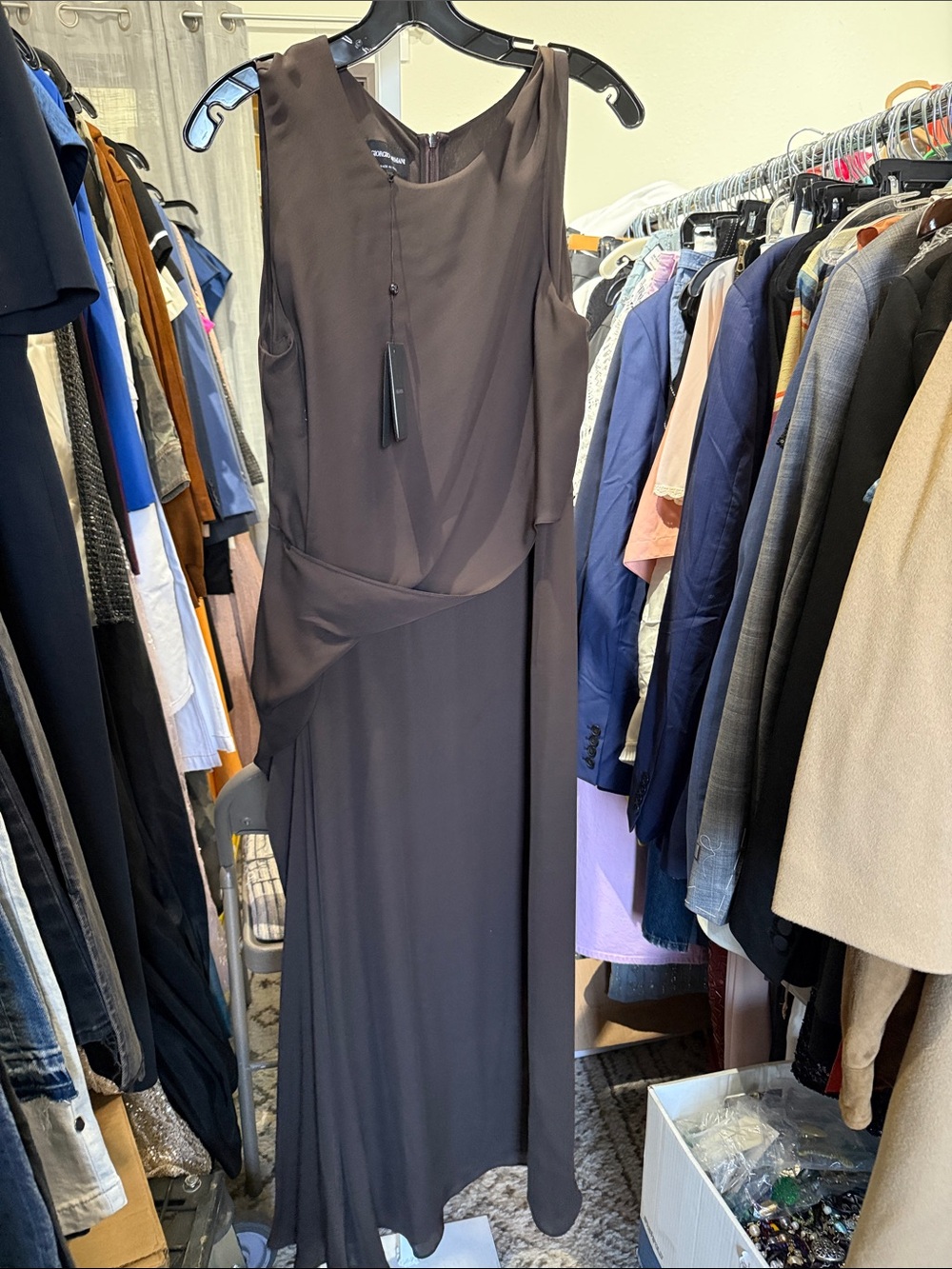 Giorgio Armani Brown Sleeveless Draped Maxi Dress